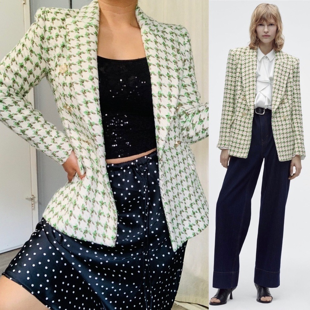 Zara Woman Textured Double-breasted Blazer Christmas Jacket Ecru Green Size M